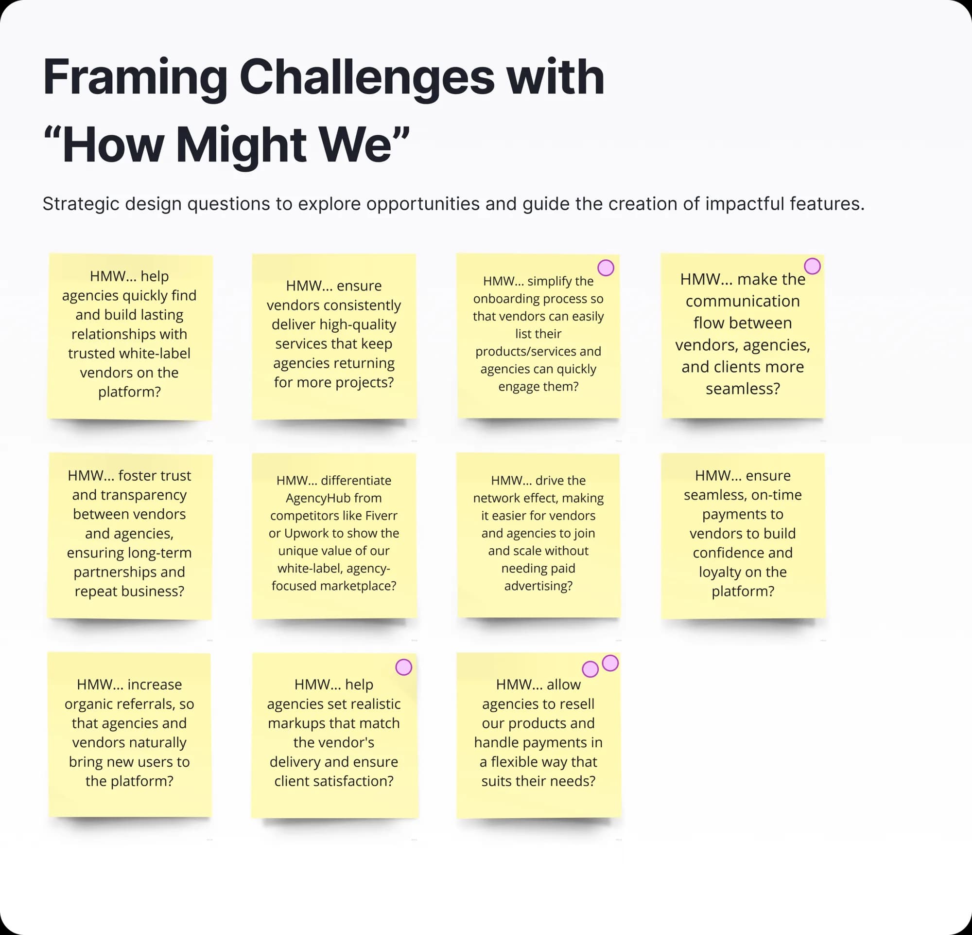 How Might We questions board with categorization