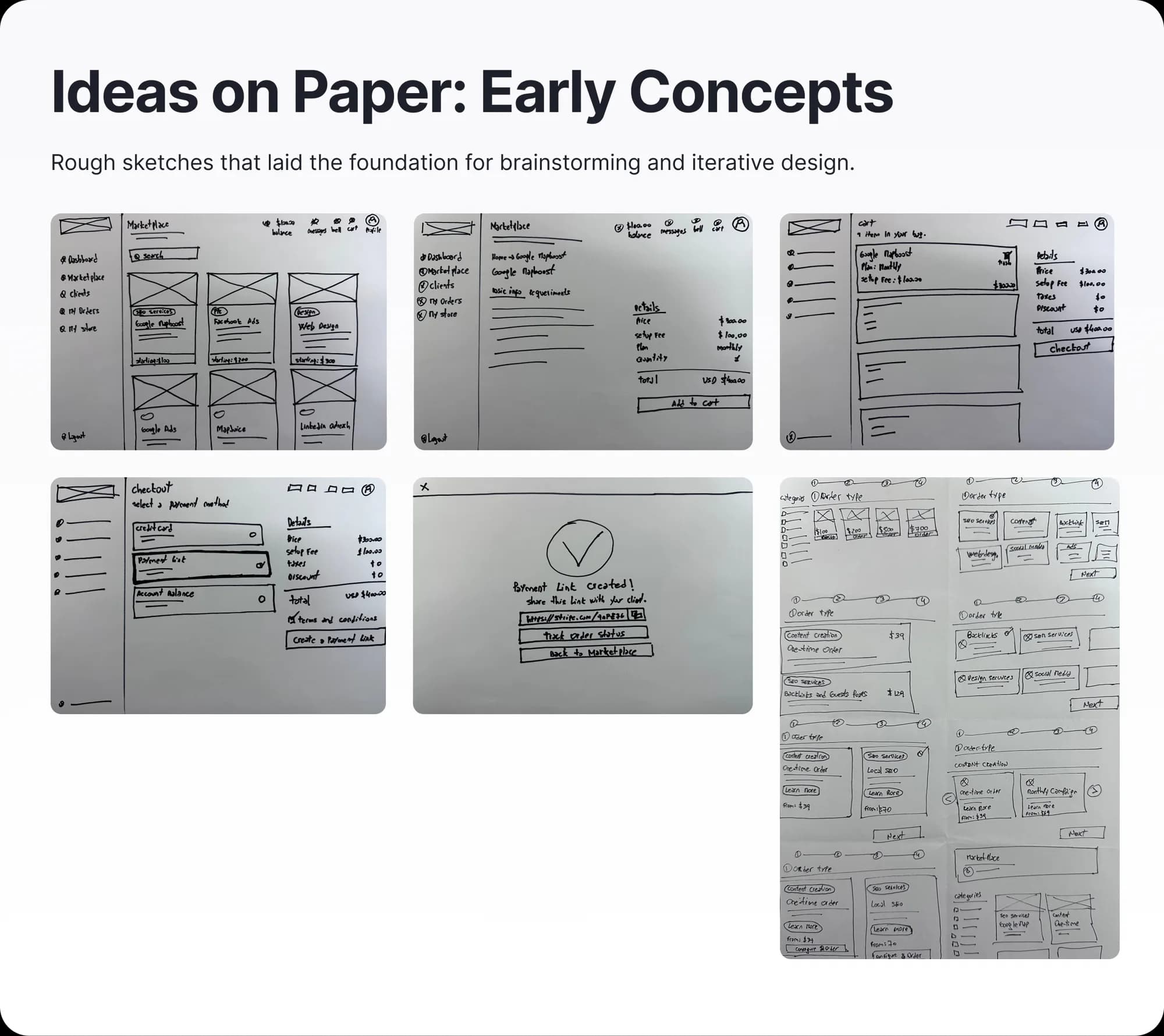 Paper sketches of marketplace, cart, and checkout concepts