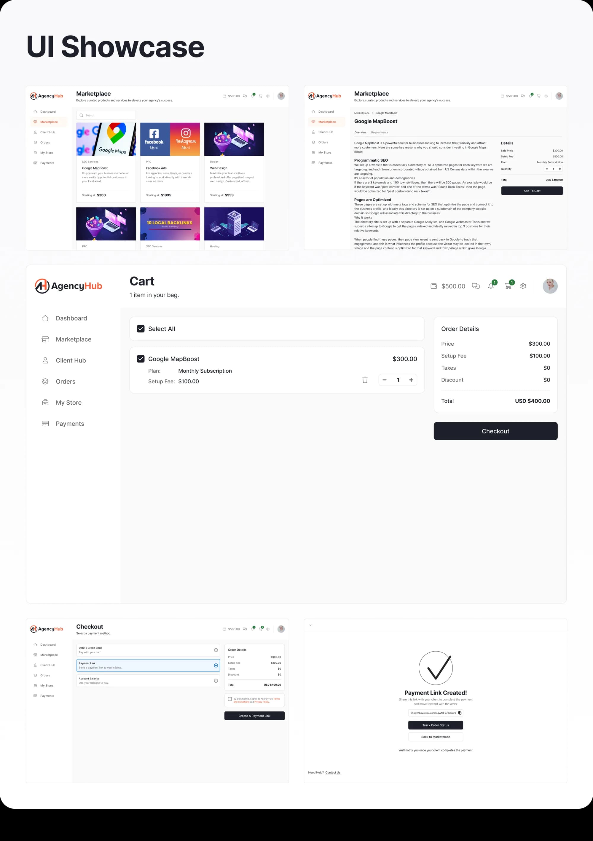Final UI showcase across marketplace, cart, and checkout