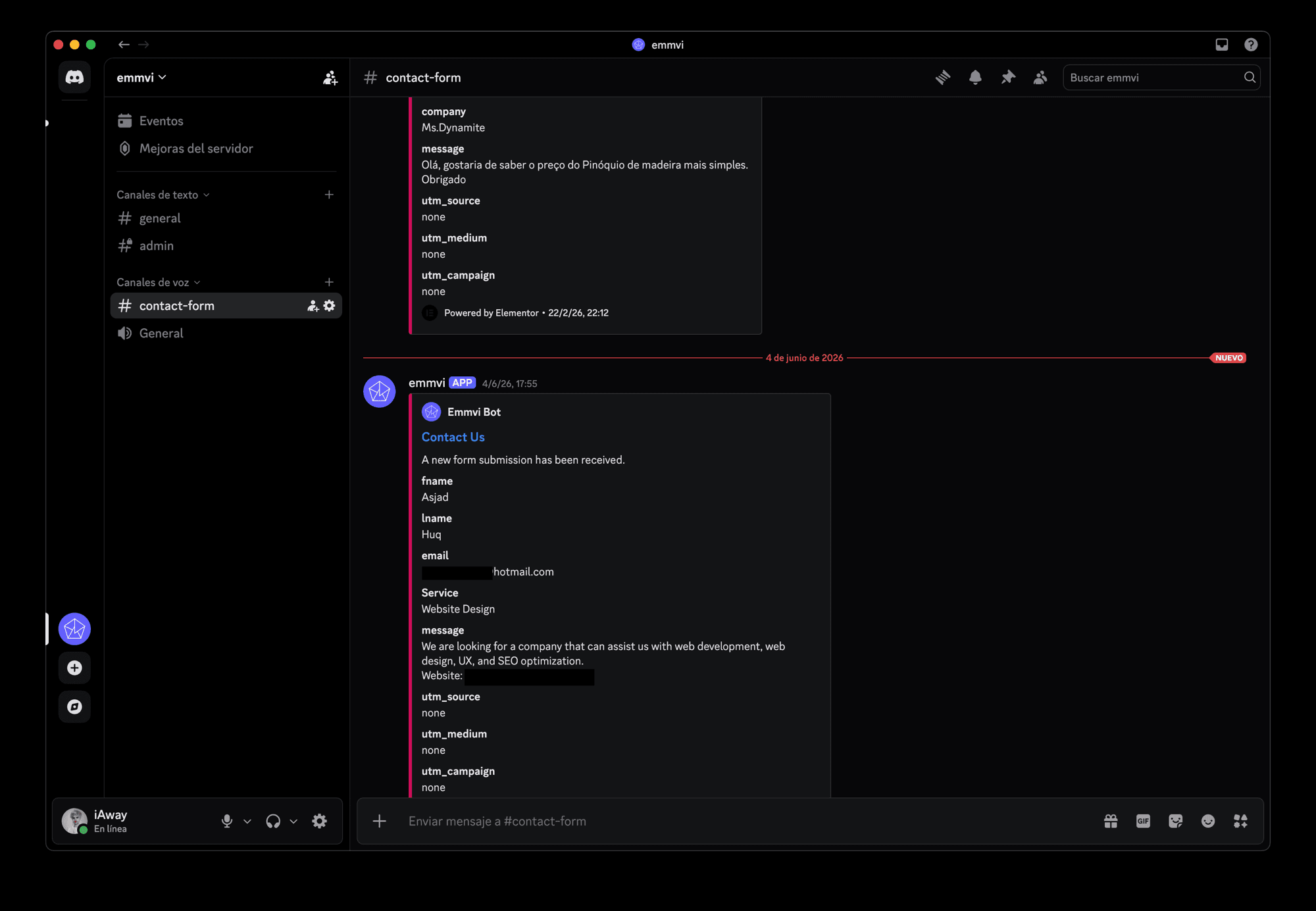Discord channel showing a structured Emmvi lead notification posted by a bot