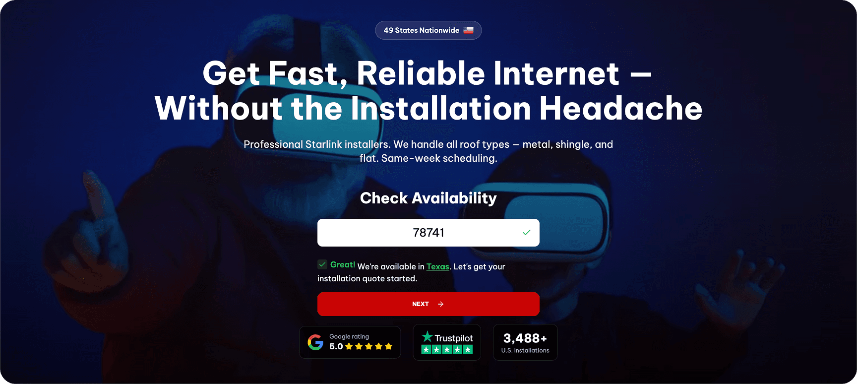 Availability validation flow confirming service is available in Texas