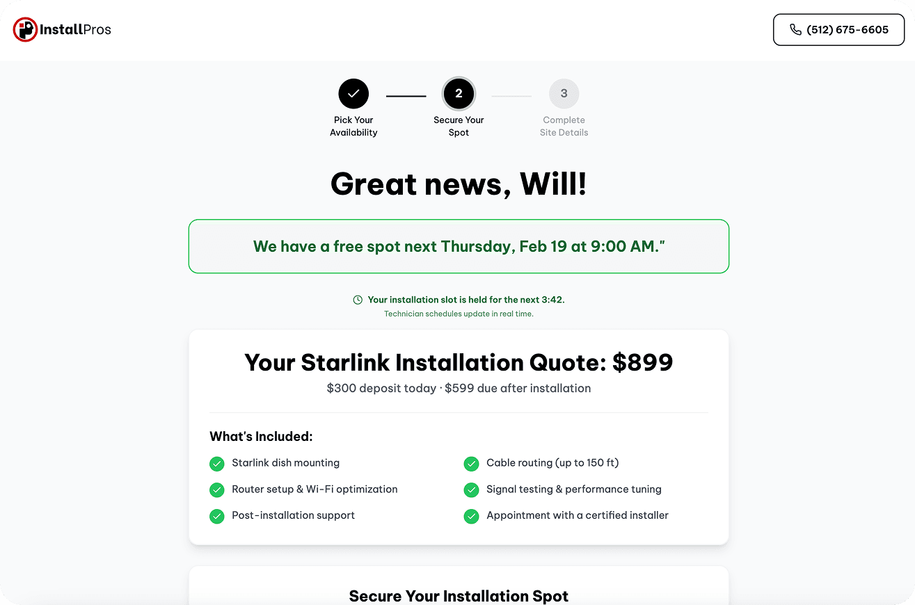 Quote flow showing a Starlink installation quote of $899