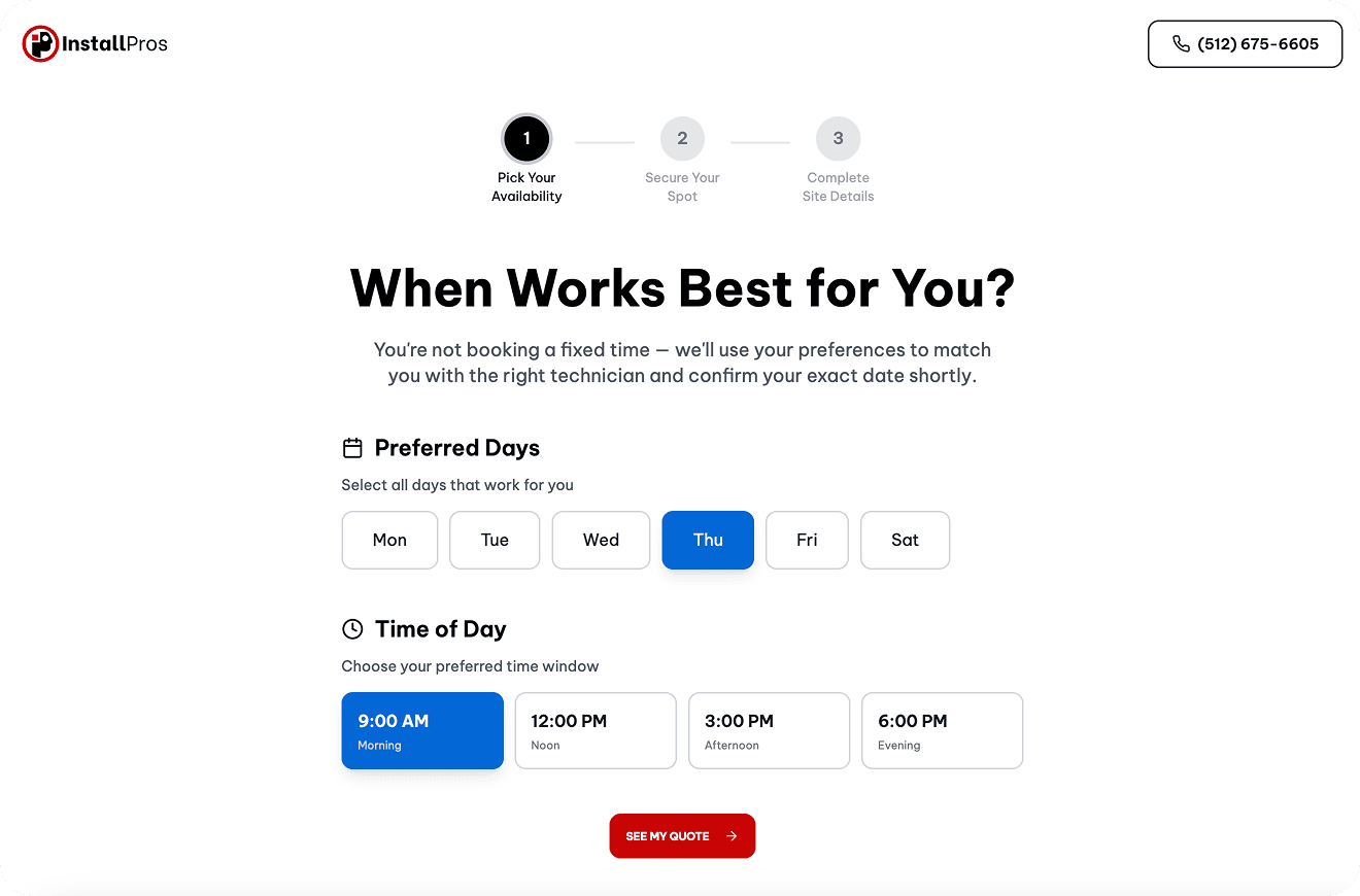 Scheduling flow asking when works best with preferred day and time selection