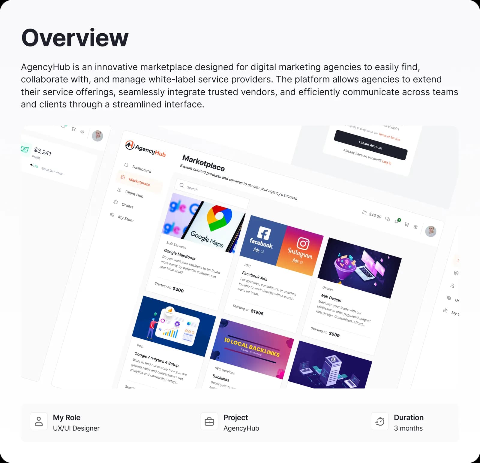 Project overview board with the marketplace summary, role, and duration