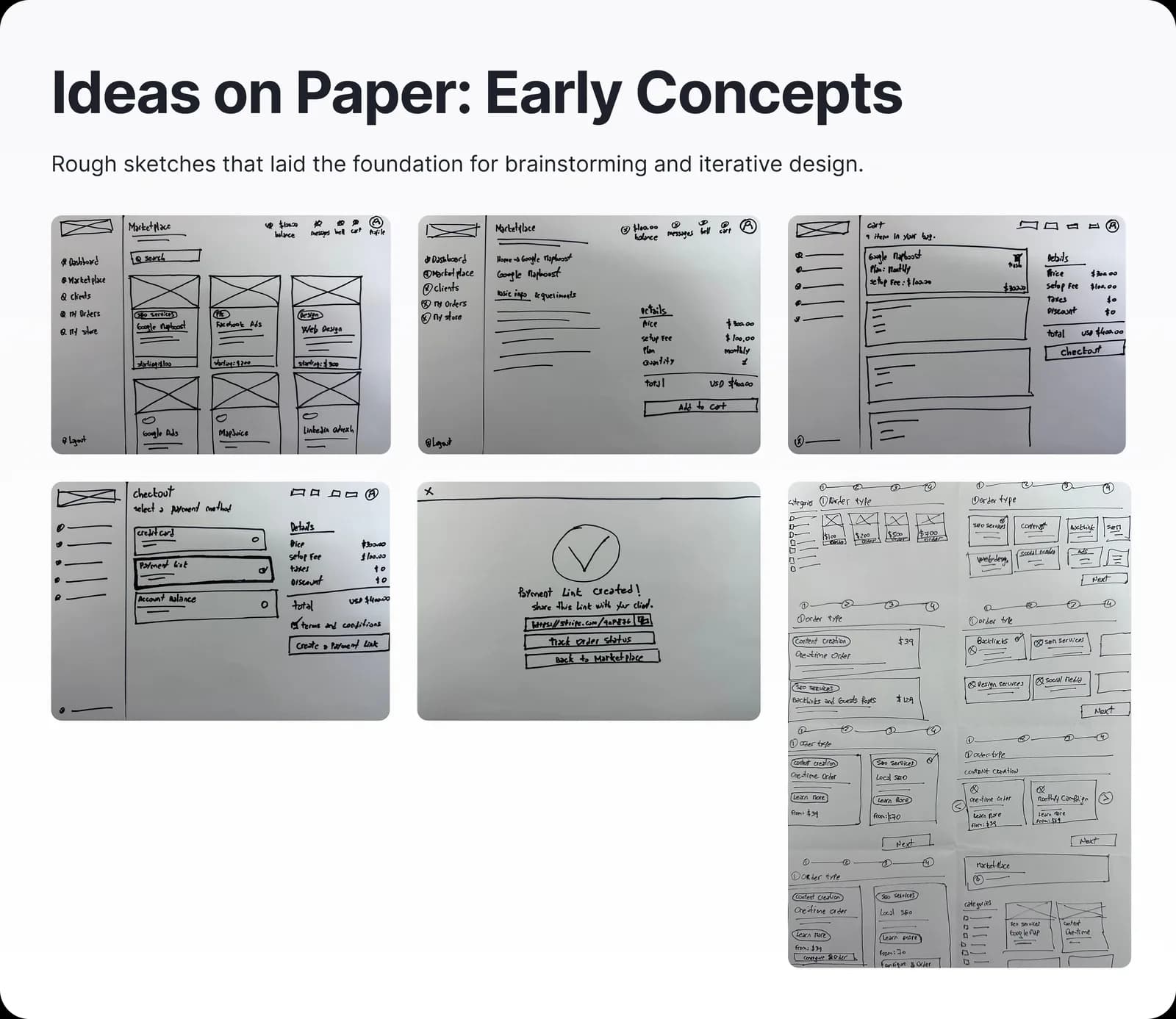 Paper sketches of marketplace, cart, and checkout concepts