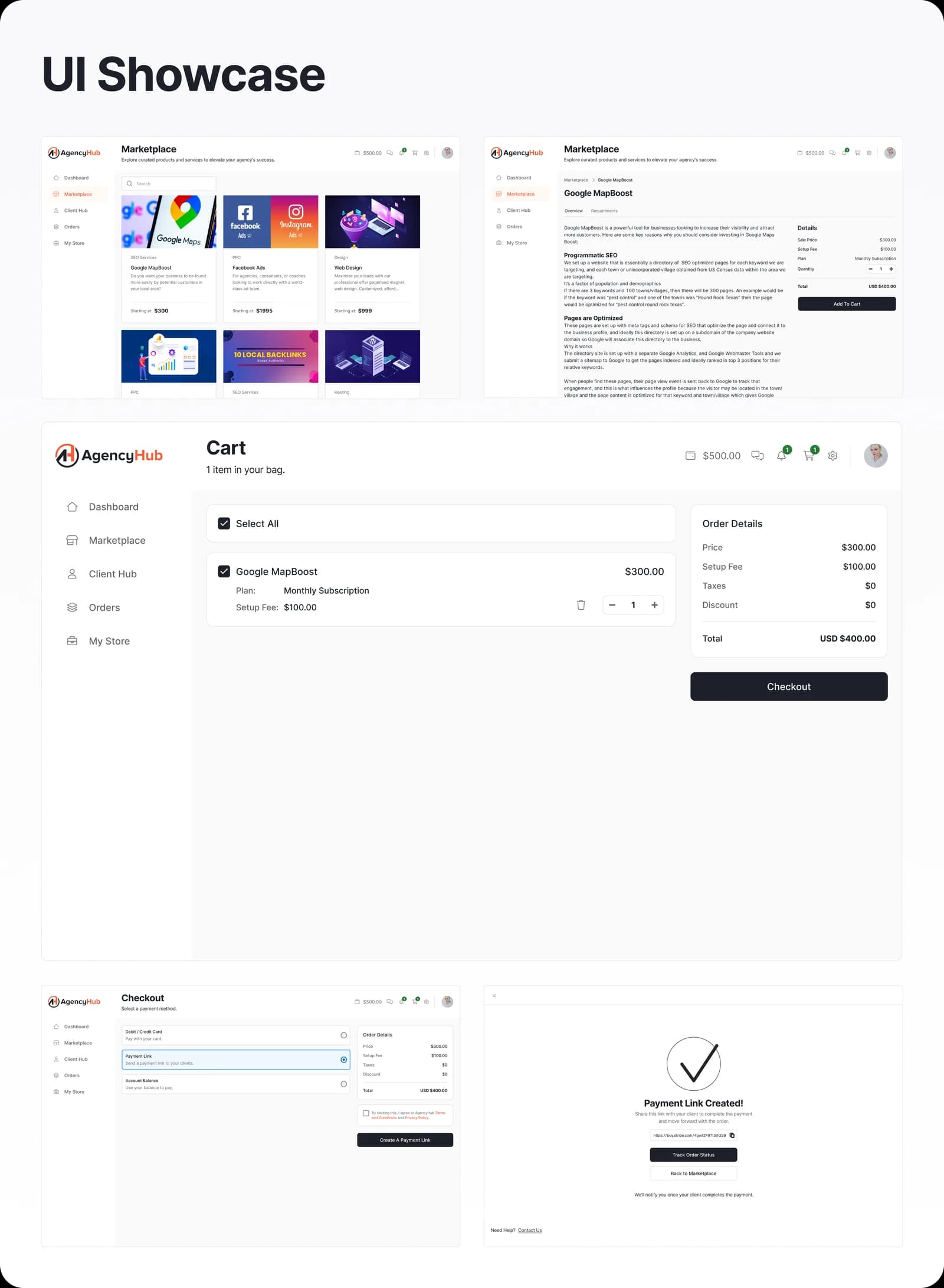 Final UI showcase across marketplace, cart, and checkout