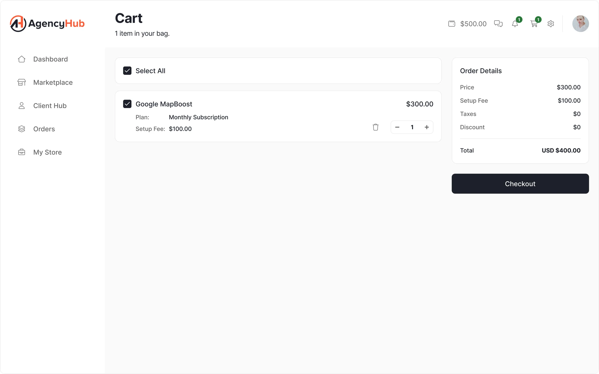 AgencyHub cart with order details and totals