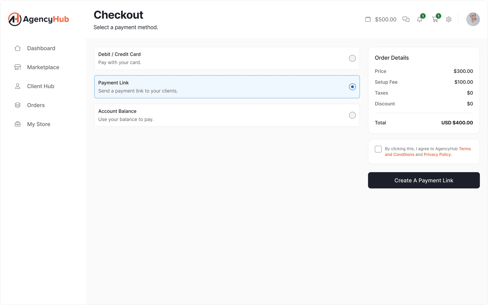 AgencyHub checkout with card, payment link, and account balance options