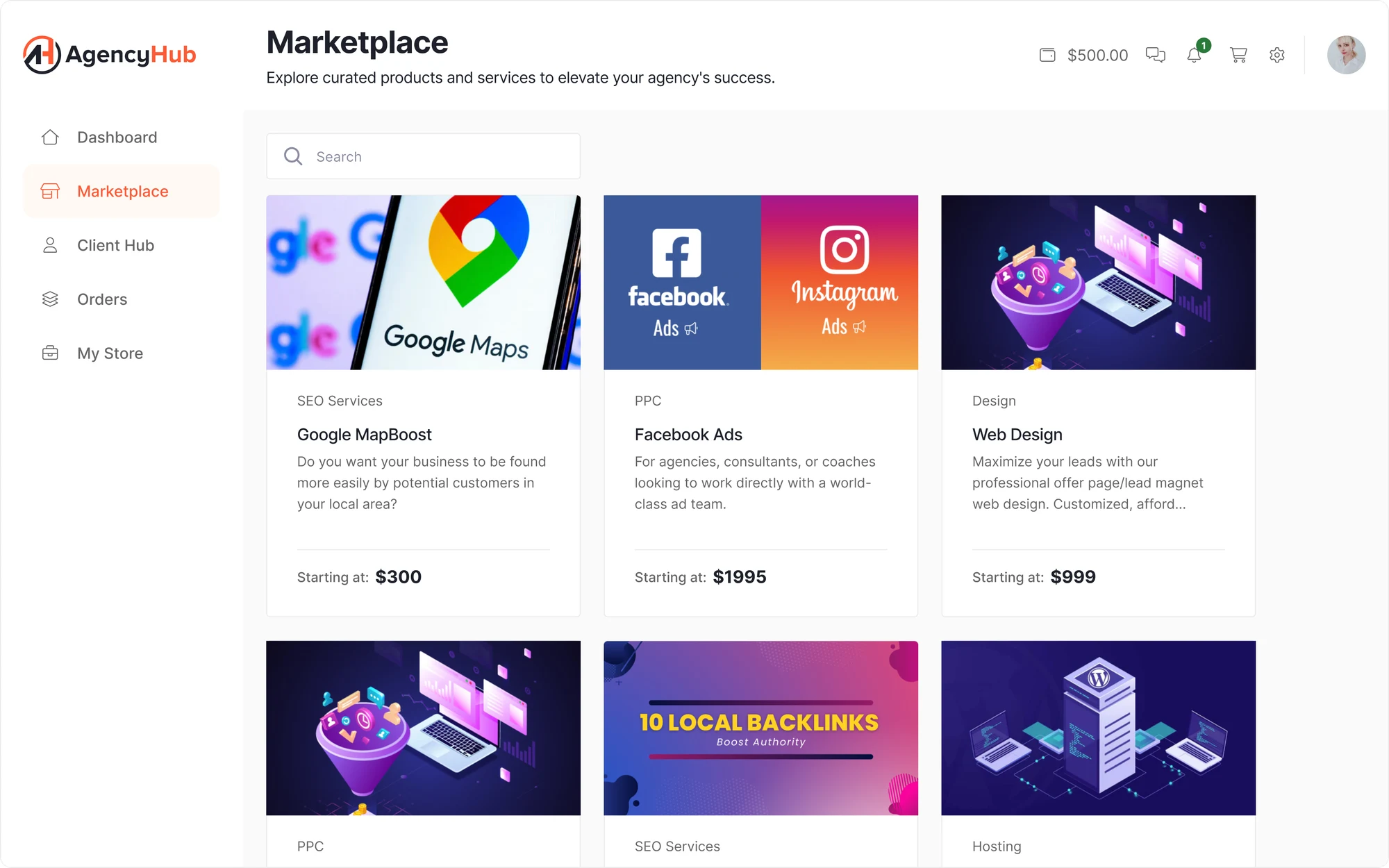 AgencyHub marketplace with curated service listings