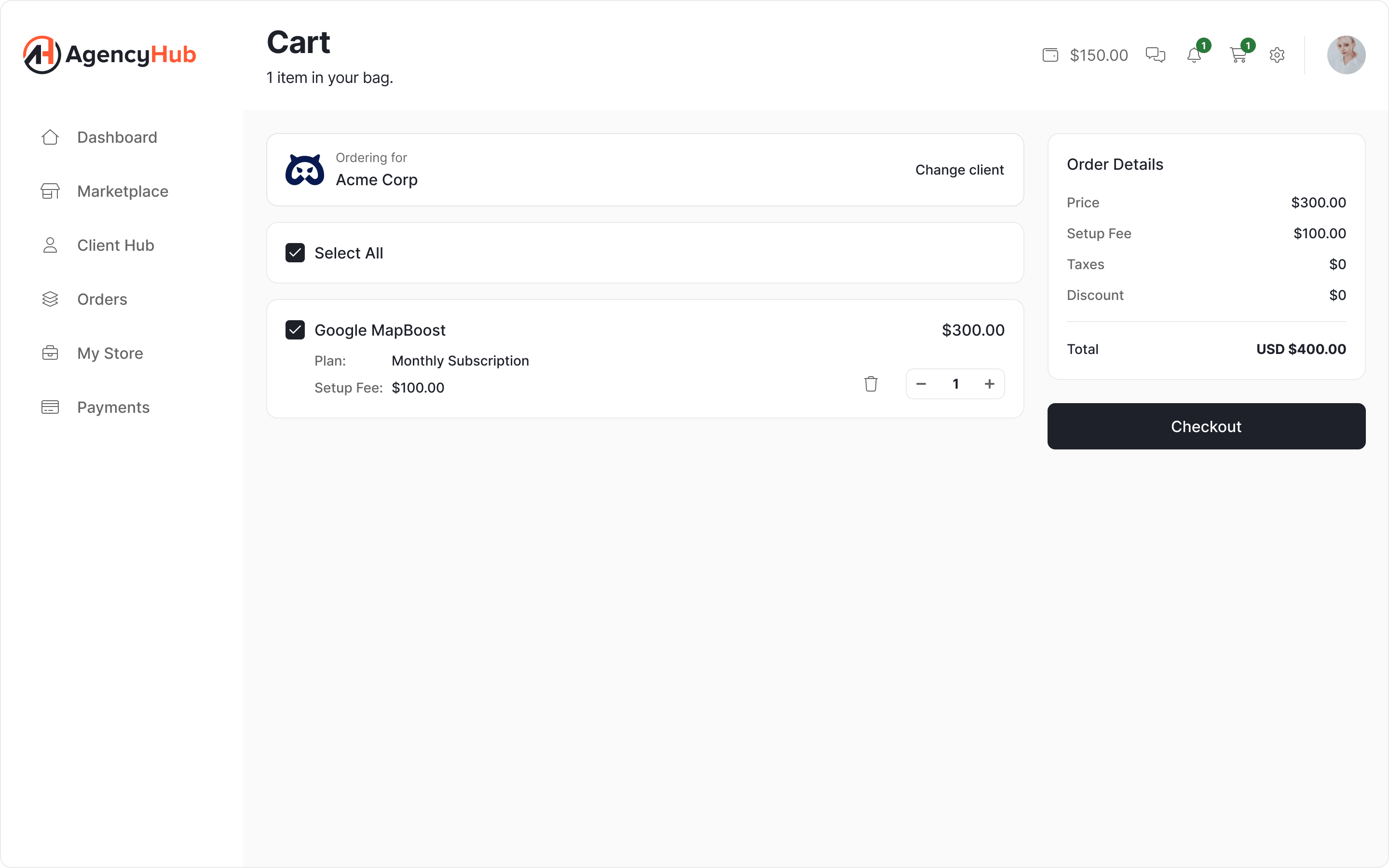 AgencyHub cart scoped to one client, with the client selector