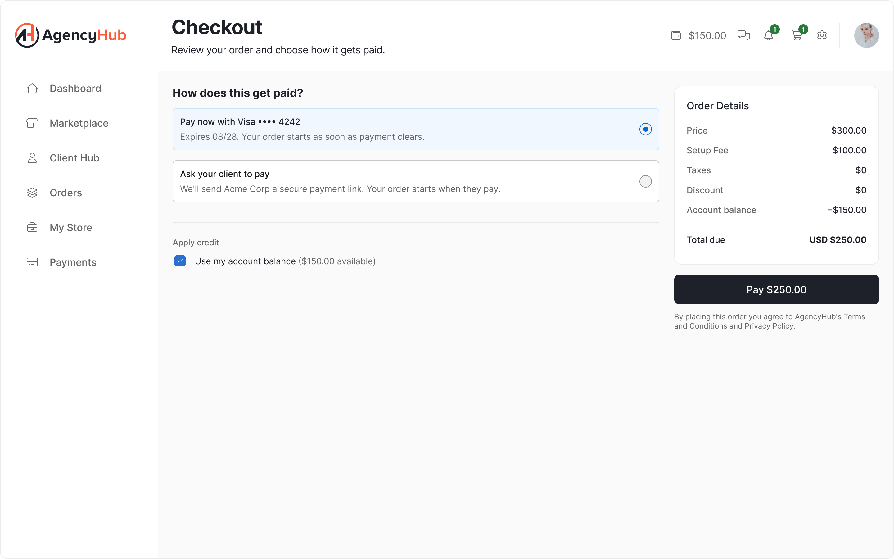 AgencyHub checkout with account balance applied as a discount against the total