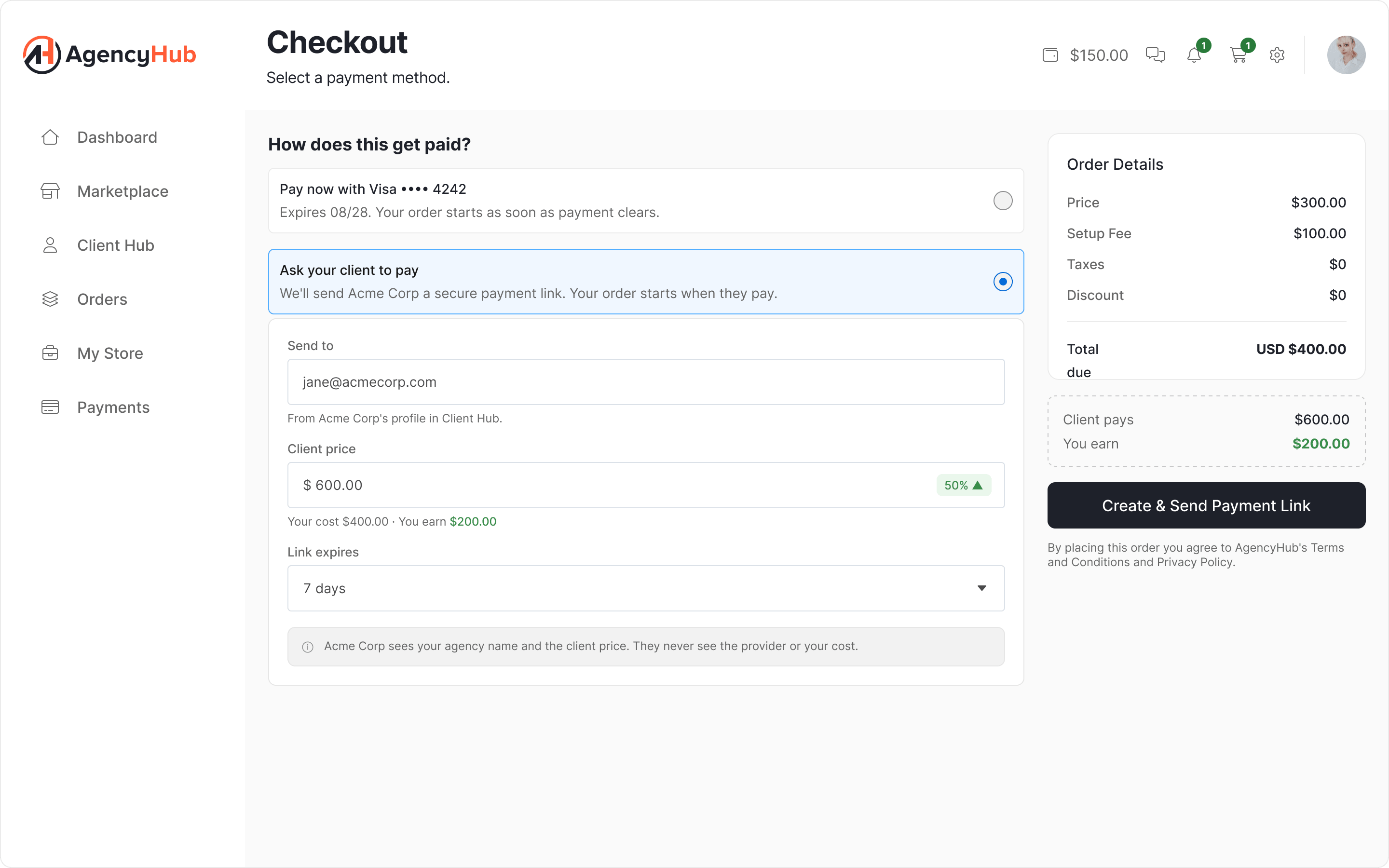 AgencyHub checkout with the "Ask your client to pay" panel open