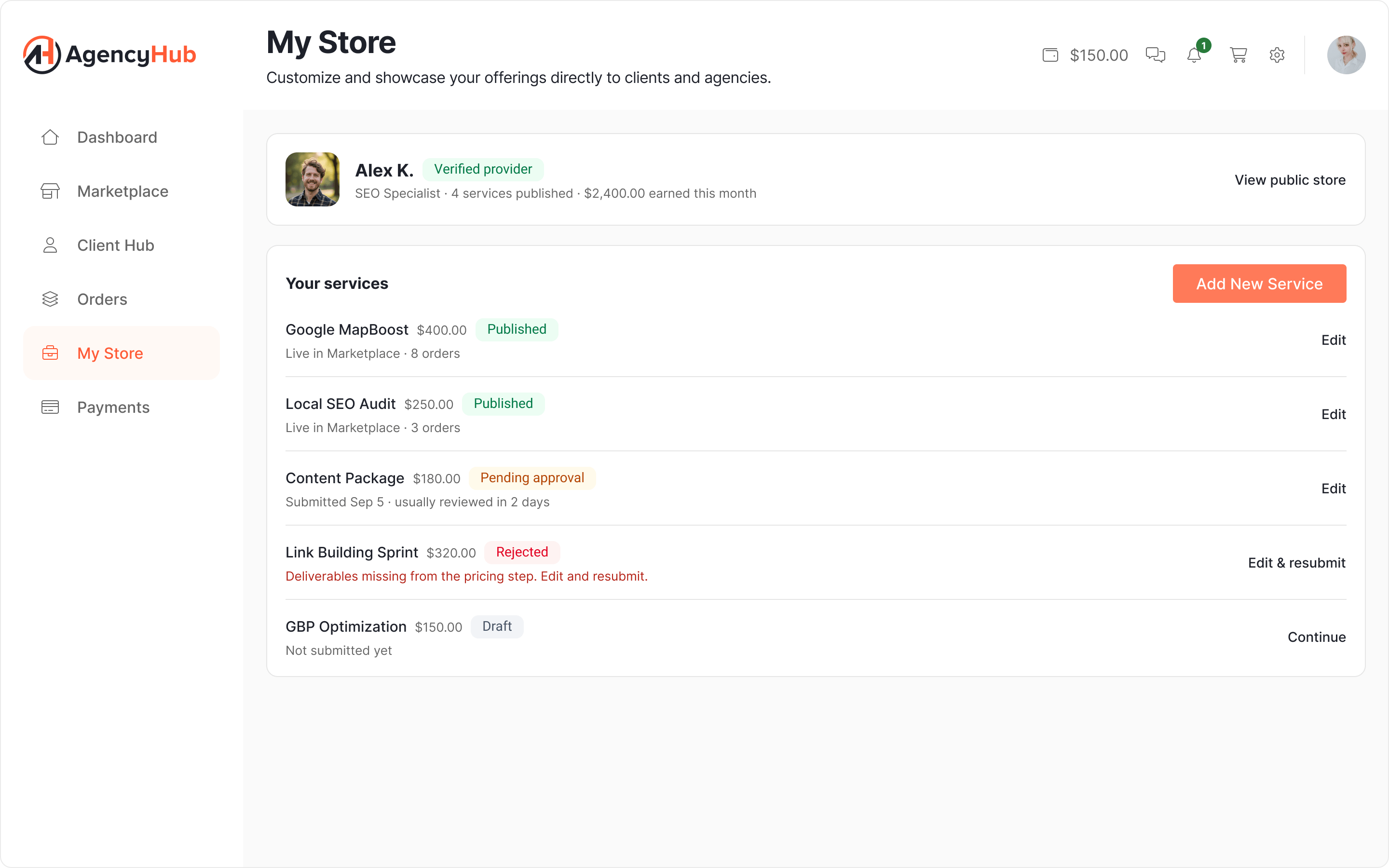 Provider store with listings in draft, pending approval, published and rejected states
