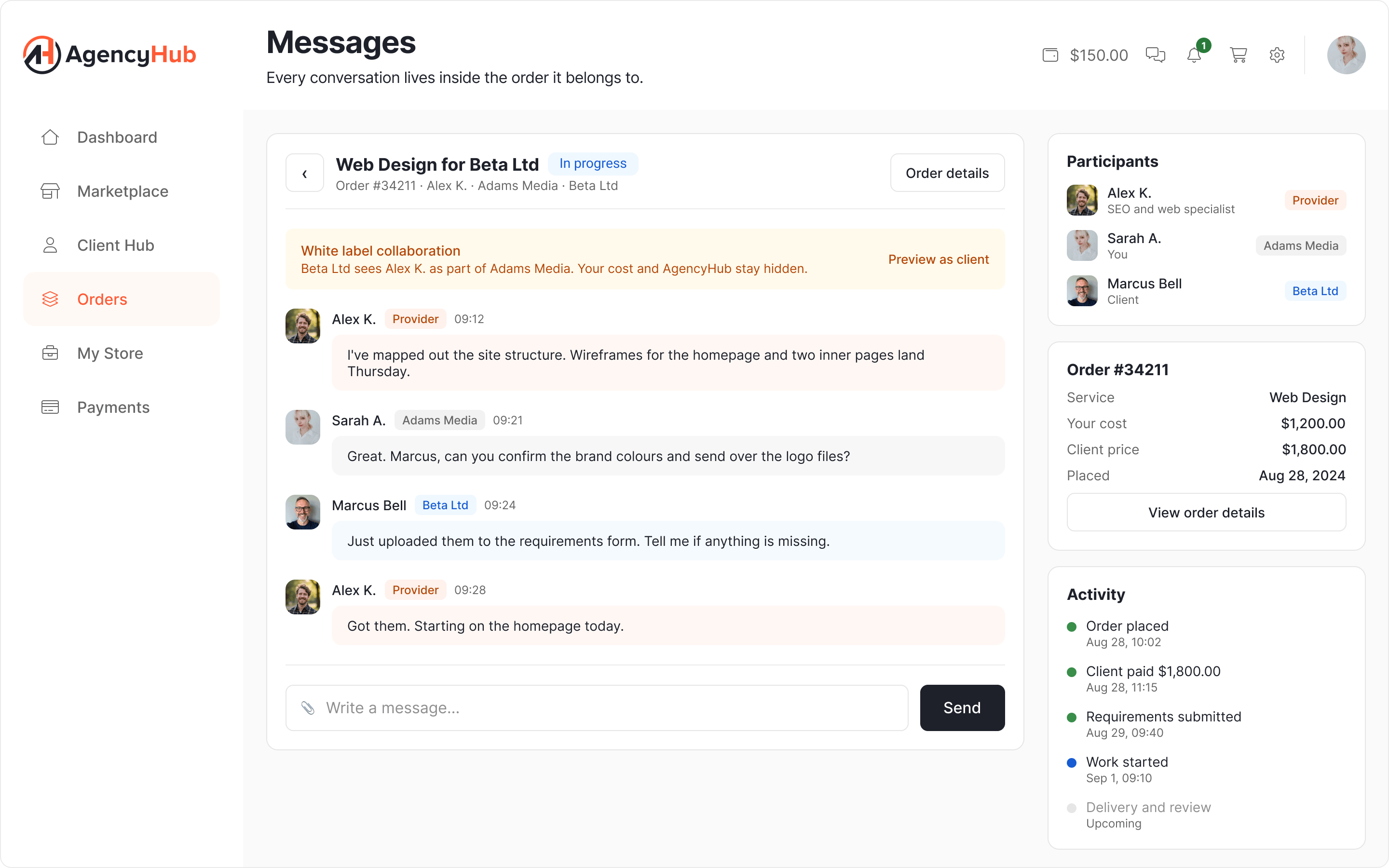 Order chat where the provider appears as part of the agency's team in the client view