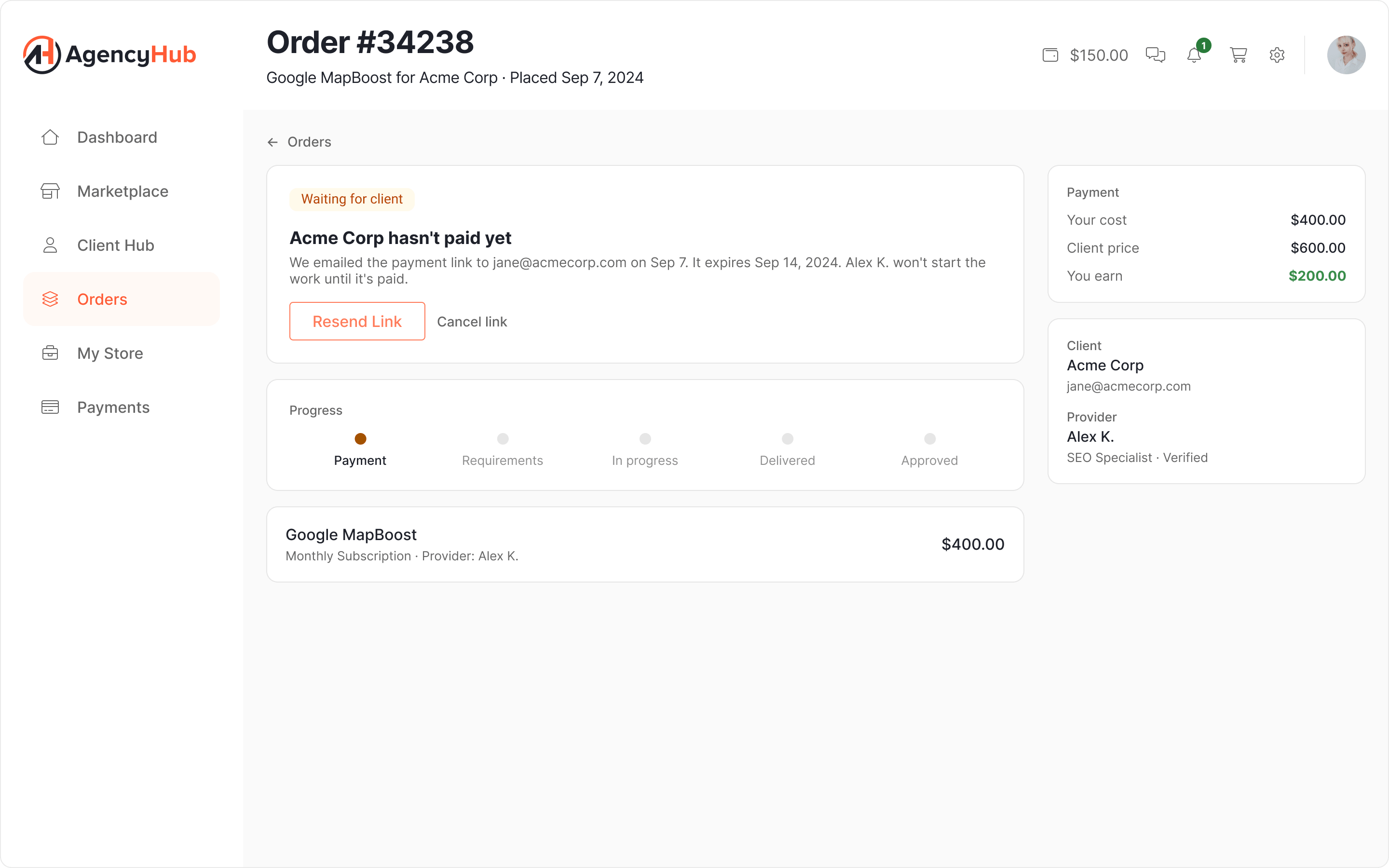 Order in the "waiting for client" state, bought but unpaid