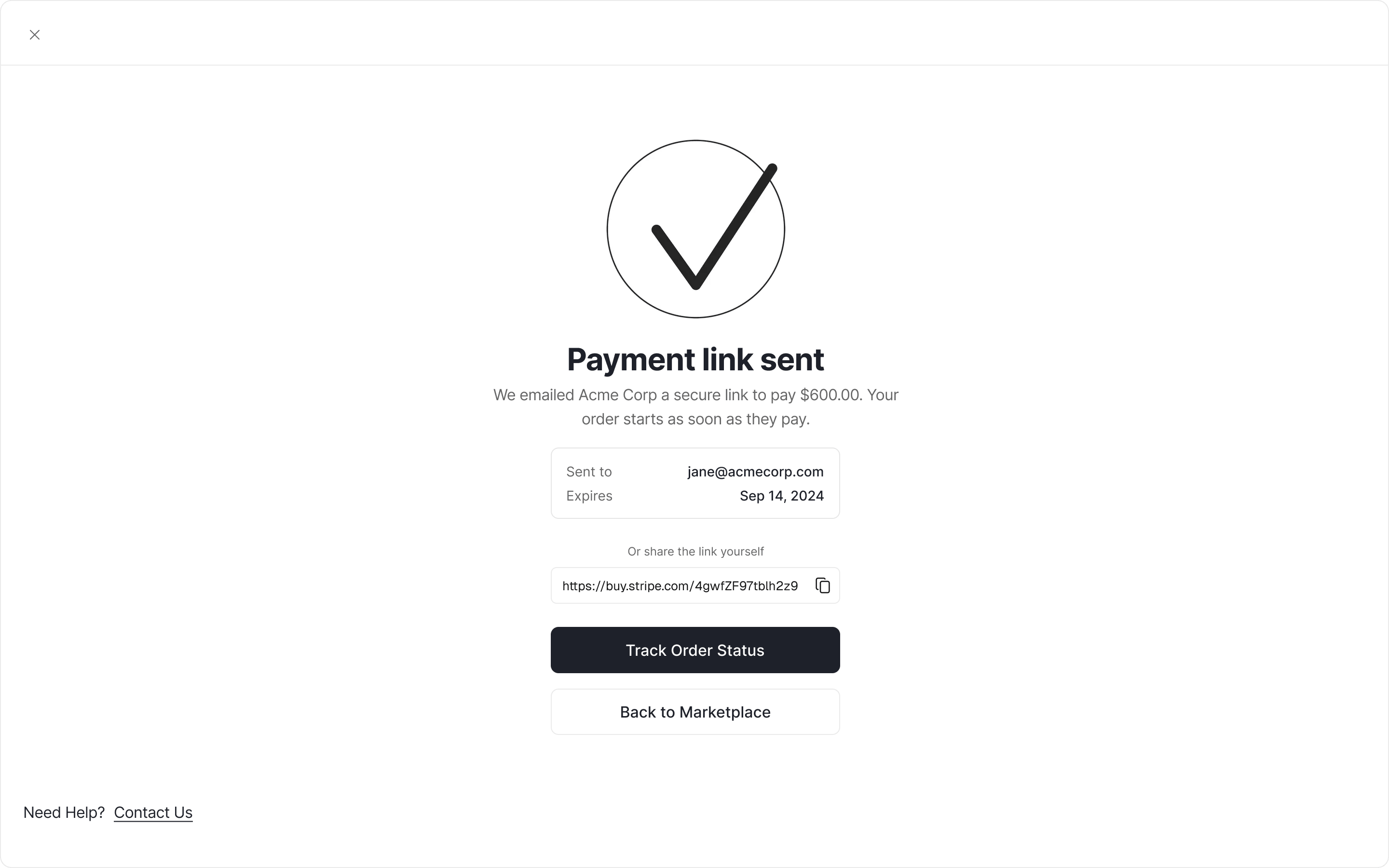 Payment link sent confirmation with the expiry date visible