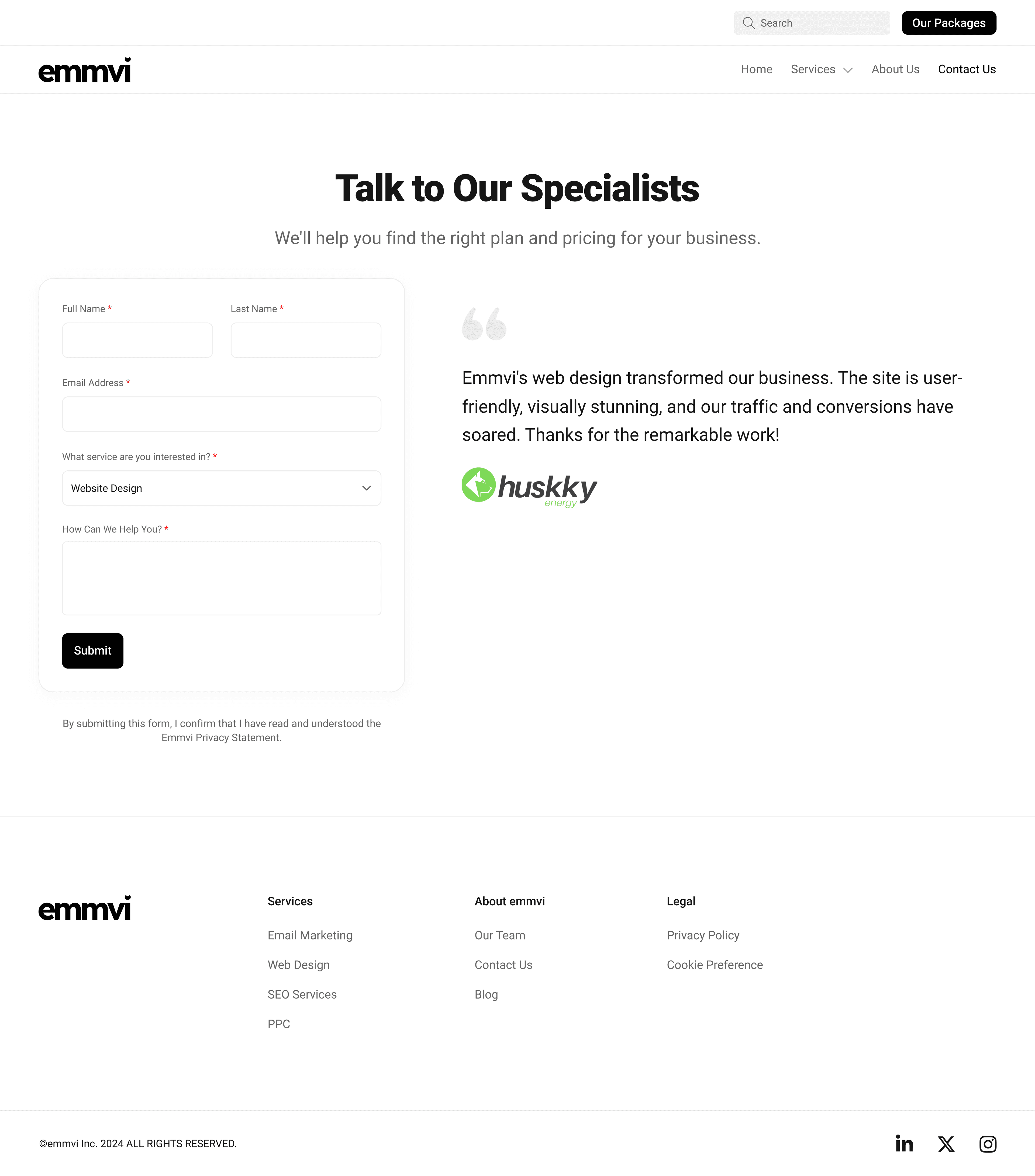 Emmvi contact and conversion page