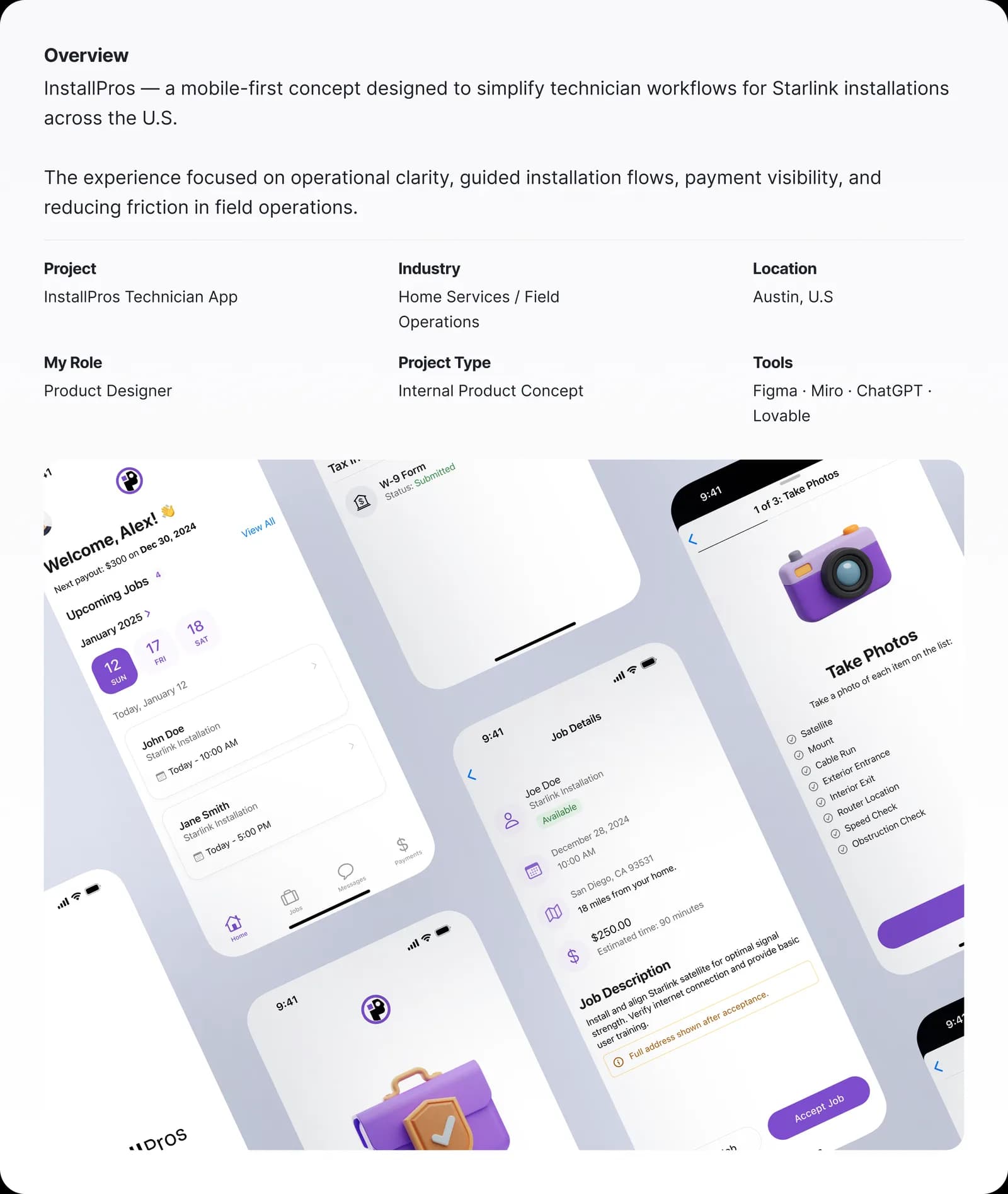 Project overview with role, scope, and key app screens