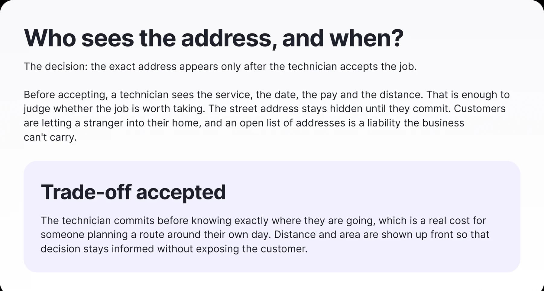 Decision board: who sees the address, and when