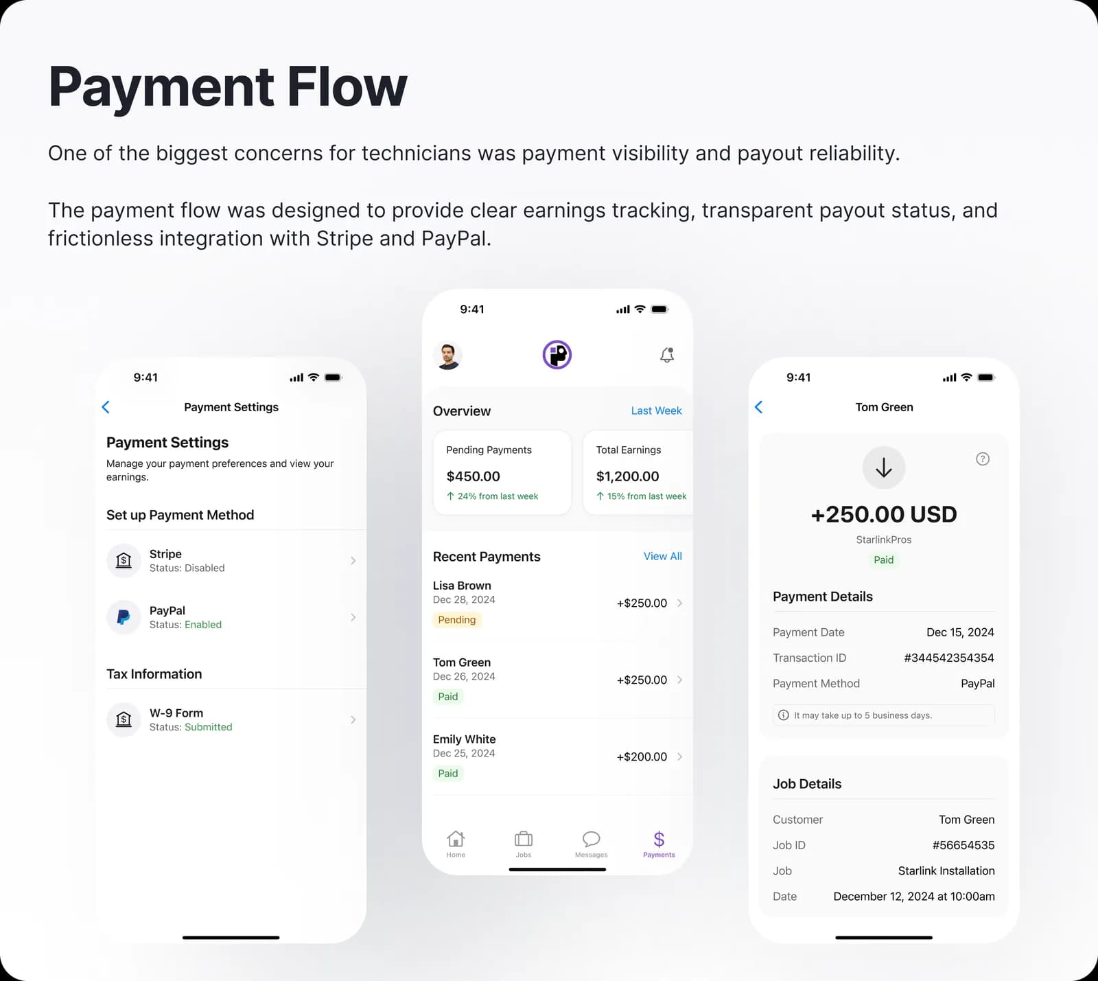 Payment flow: earnings, payout status, Stripe and PayPal