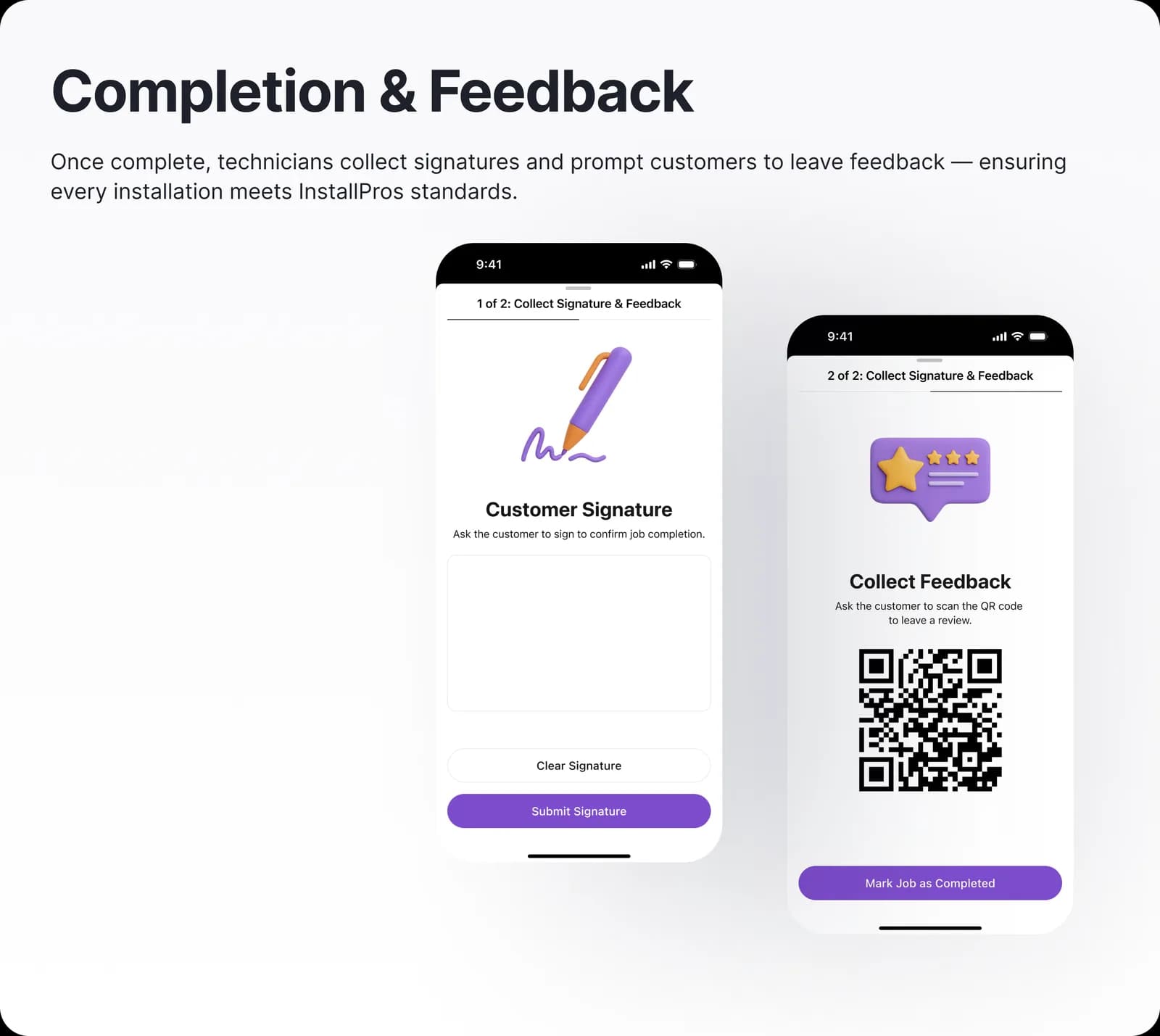 Job completion with photo evidence and customer feedback