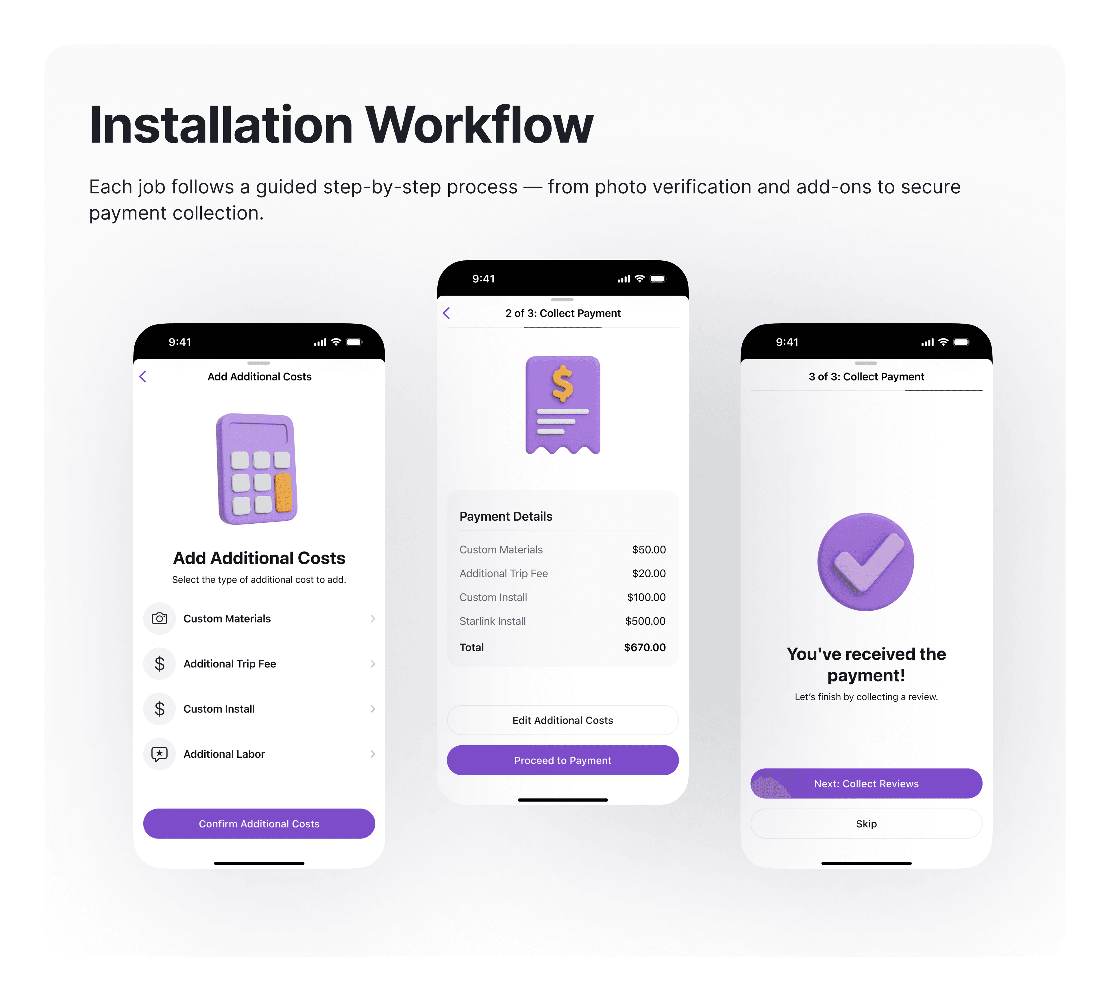 Installation workflow screens showing step states