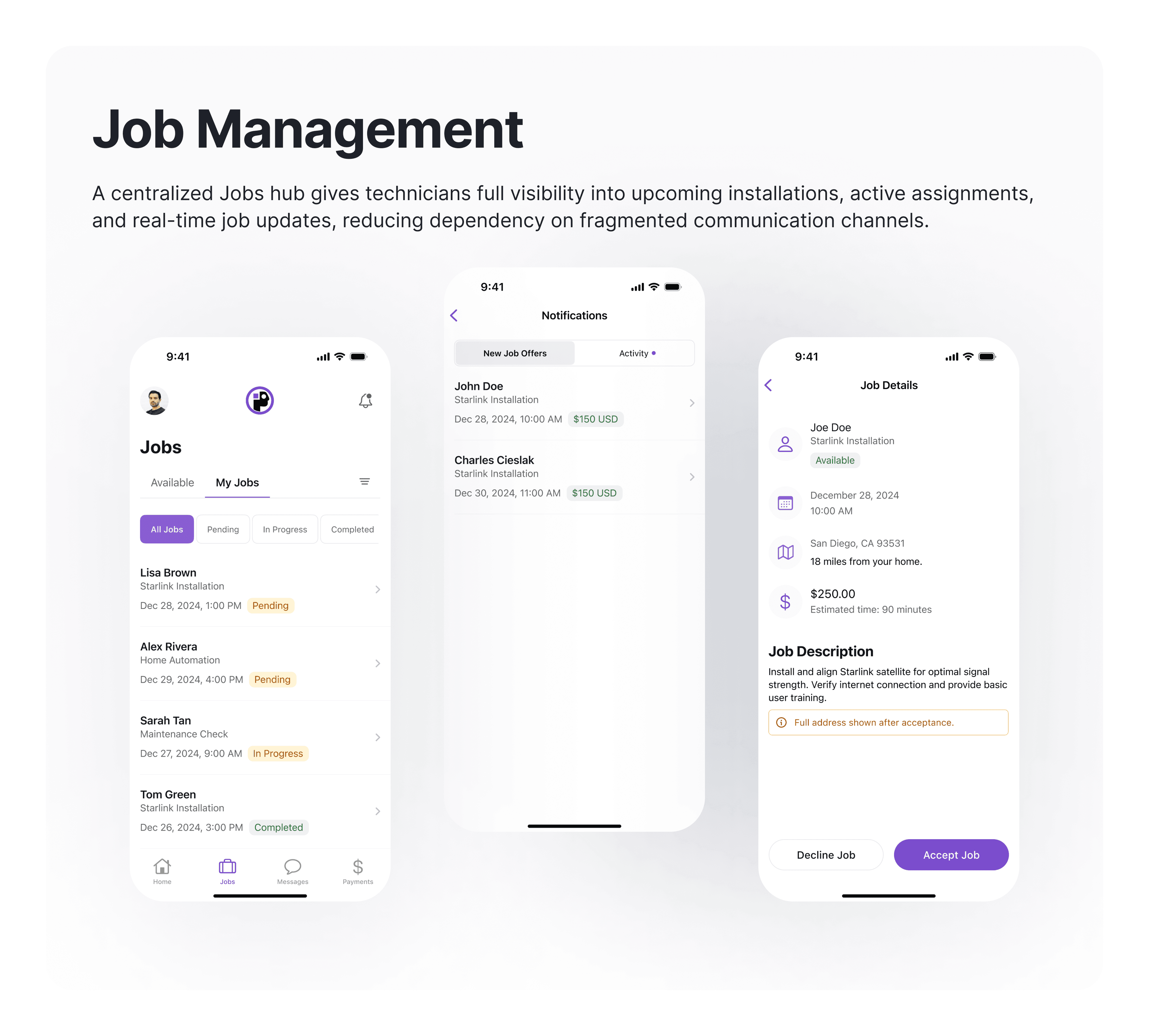 Job management screens with status hierarchy