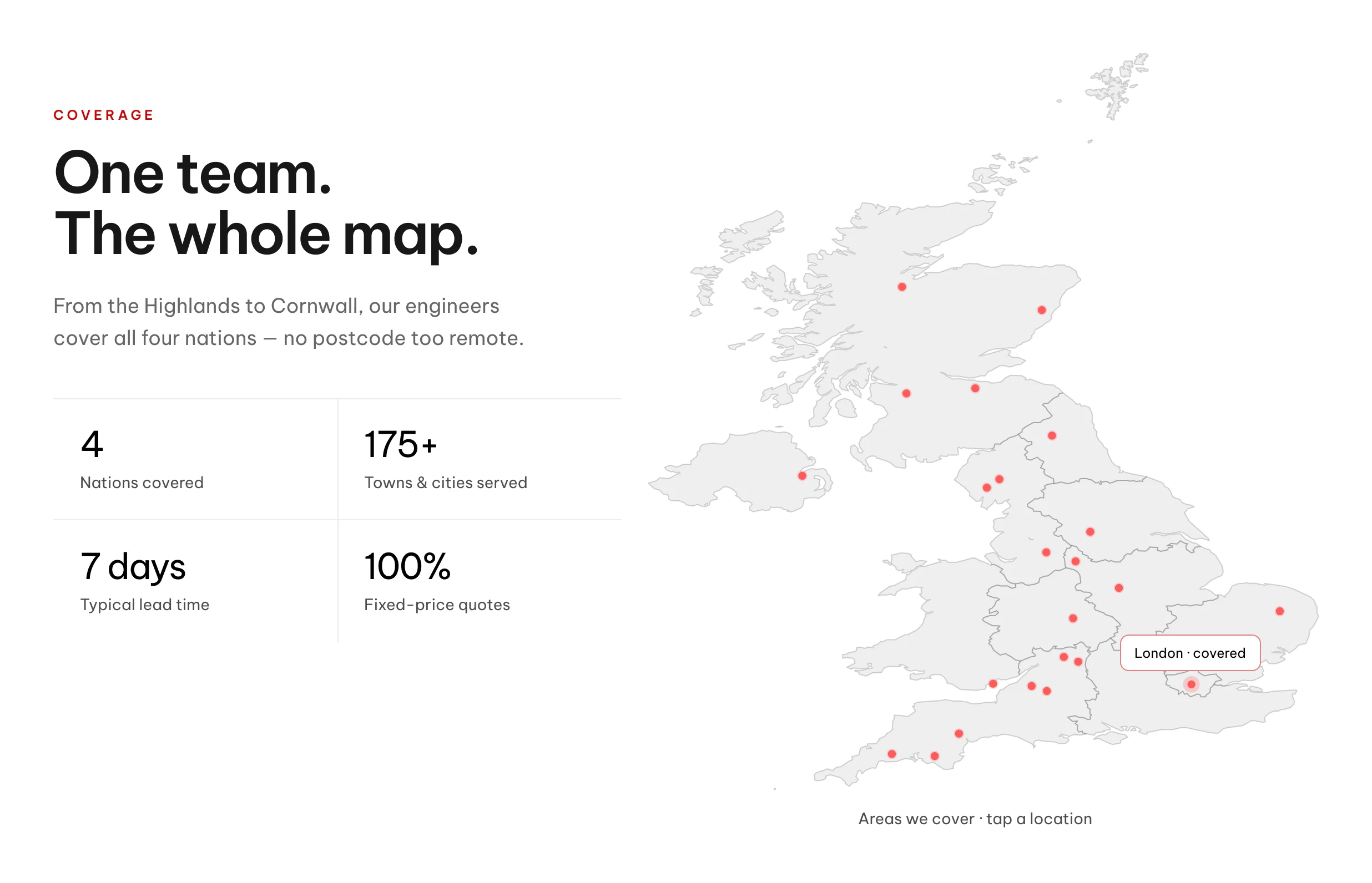 La sección de cobertura nueva: mapa del Reino Unido con puntos de ciudad clicables y Londres destacado