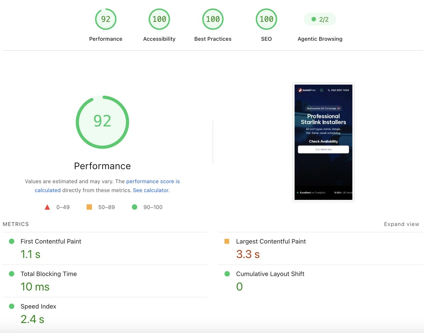 PageSpeed Insights en móvil, la landing nueva: puntuación 92 y la oferta renderizando primero